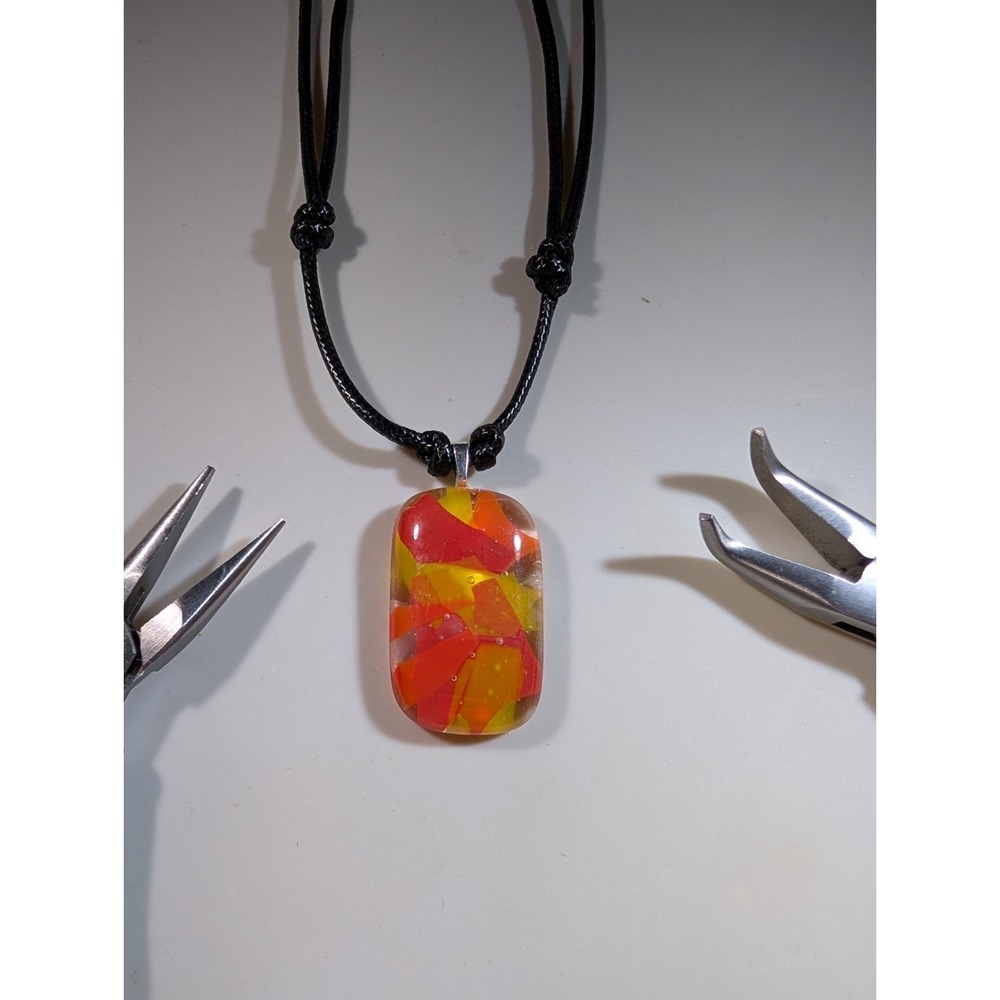 Dichroic Glass Pendant Necklace Red Orange‎ Yellow Adjustable Cord